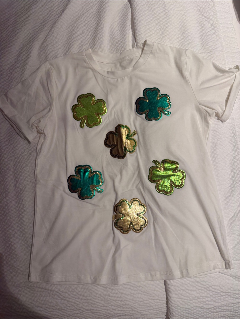 White Shamrock Appliqué Tee - Metallic Green & Gold